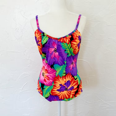 80s Bright Tropical Floral and Black Scoop Back One Piece Swimsuit | Medium/Large 