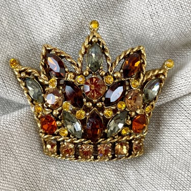 Regency crown brooch with multi colored crystals - 1950s vintage 