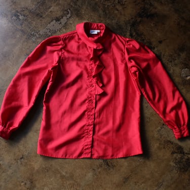 Red Ruffled Blouse / Collared Full Sleeve Blouse / Medium to Large Top 