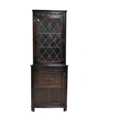 Vintage Wooden Cabinet | English Carved Oak Corner Cabinet With Leaded Glass 