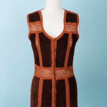 1970s Brown/Rust Suede and Knit Long Vest With Crochet Details 