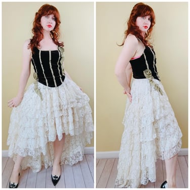 1990s Vintage Cream Lace Tiered Cupcake Skirt / 90s Elastic Waist Ruffled High Low Princess Skirt / Small - Large 