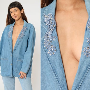 90s Denim Blazer Jacket Blue Rhinestone Studded Lace Applique Button Up Jacket Boho Retro Jacket Collared Vintage 1990s Oversized Medium 