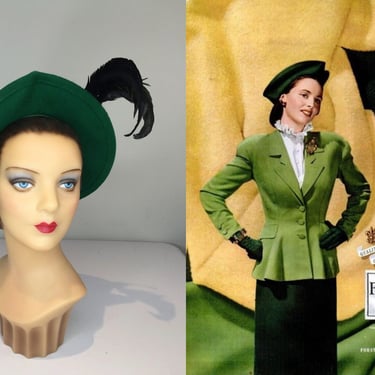 Attractions of Elegance - Vintage 1940s Forest Green Wool Felt Sculpted Caplet Hat w/Ostrich Plume 