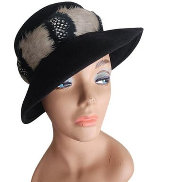 Vintage 60s Ladies Fedora Hat by Gelot Paris Black Felt + Feathers 
