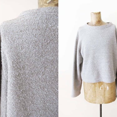 Vintage 90s Textured Fleece Long Sleeve Sweater S M - 1990s Minimalist Oatmeal Beige Baggy Boxy Top 