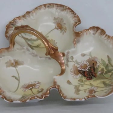 Limoges Divided Serving Dish Gilt Butterfly Flowers and Decorative Handle 2522B
