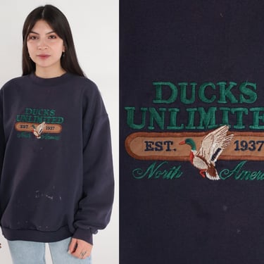 Ducks Unlimited Sweatshirt 90s Duck Shirt Bird Nature Wildlife Conservation Sweater Graphic Pullover Crewneck Navy Blue Vintage 1990s Large 