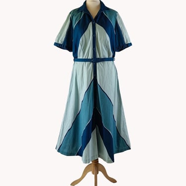 Merry Finn 1970s Turquoise Blue Colour Block Midi Dress - Finnish Vintage - Size S/M 