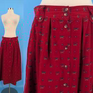 Vintage 80s Lindsey Blake Medium Red Cotton Duck Print Corduroy Button Front Midi Skirt 