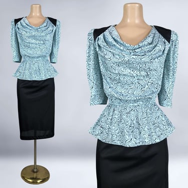 VINTAGE 80s Cowl Neck Peplum Dress by Pea Patch Aqua Blue and Black 1980s VGF 