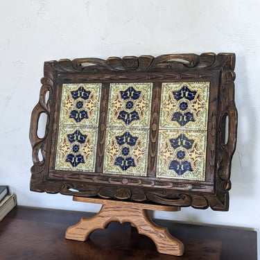 Large Vintage Mexican Tile and Hand Carved Wood Serving Tray 