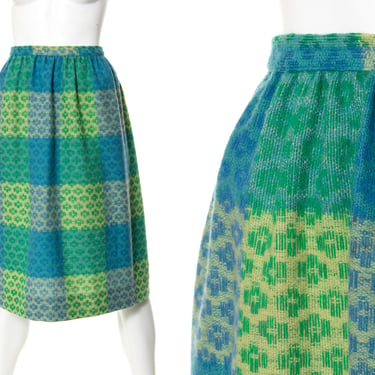 Vintage 1960s Skirt | 60s JANTZEN Wool Checkered Plaid Green Blue High Waisted Winter Fall Full Swing Skirt (small) 