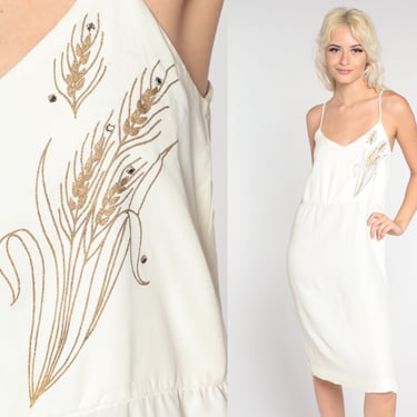 70s Party Dress White Gold Wheat Rhinestone Dress 1970s Bohemian Disco Midi V Neck Boho Spaghetti Strap Vintage Grecian Extra Small xs 