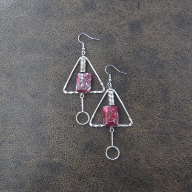 Hammered silver triangle earrings with pink mosaic stone 