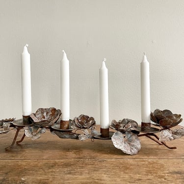 French Metal Long Candlestick Holder with Flowers | French Style Candleholder | Rustic Rusted Shabby Chic Centerpiece | 4 Candlestick Holder 