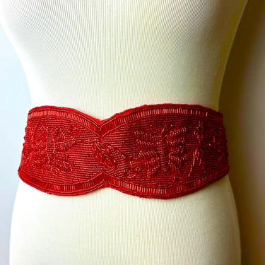 VTg Red beaded wide cincher style belt~ Holiday vibes~ Dressy belts~ glass beads sparkly butterflies or floral~1970’s boho / 28”-30” waist 