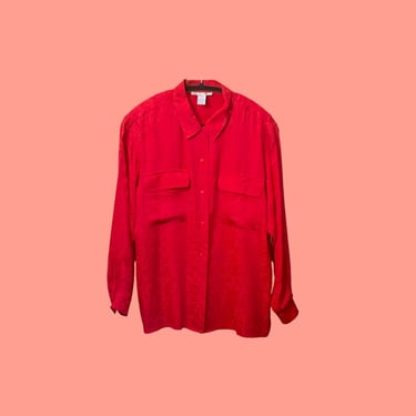 Oversized Silk Shirt, Vintage Red Blouse, Classic Silk Oxford, Embossed Long Sleeve Pocket Front Button Down Collared Shirt, Romantic Blouse 