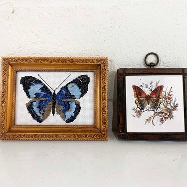 Vintage Pair of Butterfly Wall Hangings Jerry Schultz Co Handcrafted Pine Cross Stitch Butterflies Framed Nursery Kids Room Blue 1970s 