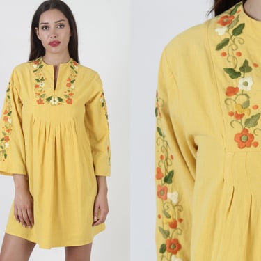 Embroidered Bell Sleeve Mini Dress / 1970s Canary Yellow Short Sundress / Pleated A Line Skirt 