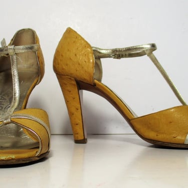 Ferragamo Heels, Vintage 1990s Salvatore Ferragamo T-Strap Pumps, Open Toe, Ostrich, Gold Leather trim, 8 1/2B Women 