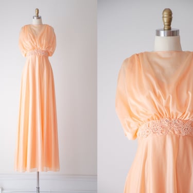 peach maxi dress | 70s vintage shimmery chiffon floral lace full floor length party prom dress gown 