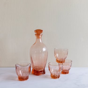 1950s French pink glass decanter and cups