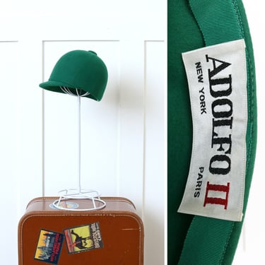 designer vintage 1960s 70s Adolfo II hat • cute mod jockey style green wool cap 