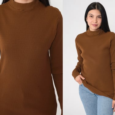 Vintage Turtleneck Sweater 90s Ribbed Knit Brown Long Sleeve Slim Fit Minimalist Pullover Women's Casual Wear Small Medium 