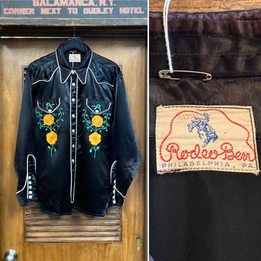 Vintage 1950’s “Rodeo Ben” Jet Black Satin Western Cowboy Rockabilly Shirt, Original, Size L, 50’s Vintage Clothing 