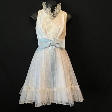 white lace vintage dress juniors blue bow frilly party frock size 7 