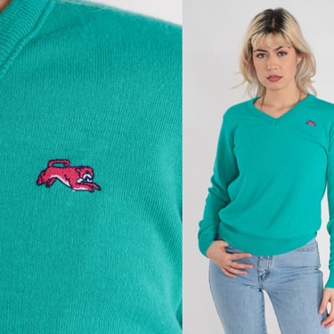 Green Sweater 80s V Neck Garan Cat Logo Knit Pullover Sweater Retro Slouchy Preppy Basic Plain Simple Minimal Acrylic Vintage 1980s Medium 