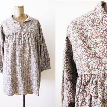 Vintage 70s Brown Mint Floral Trapeze Blouse M - 1970s Boho Cottage Cotton Wide Sleeve Empire Waist Top - Maternity 