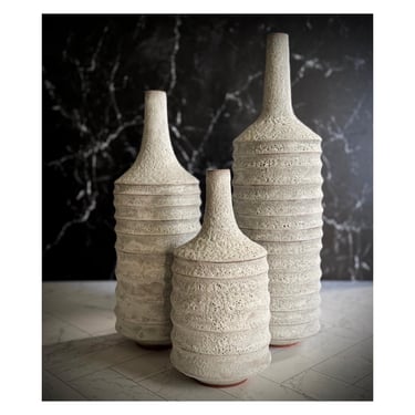 SHIPS NOW 3 Large Ceramic Stoneware Sculptural Bottle Vases Glazed in Textural White Crater Glaze- studio art pottery white matte floor vase 