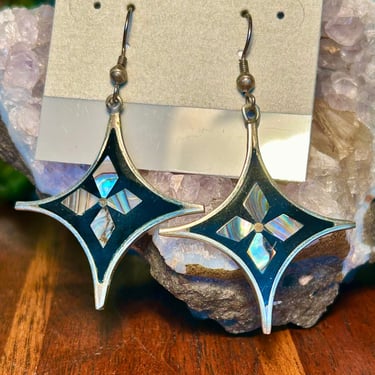 Sterling Silver Mother Of Pearl Inlay Earrings Black Enamel Vintage Mexico Gift 