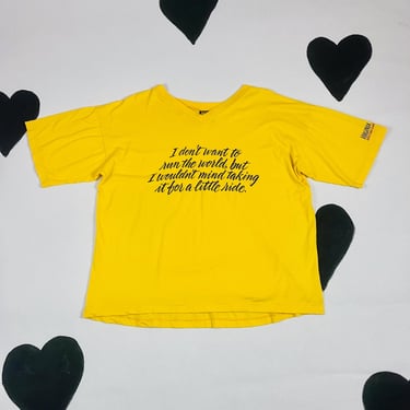 1980s Virgina Slims cigarettes T-shirt 80s yellow printed soft loose thin boxy You’ve Come A Long Way Baby v-neck swingy humorous tee XL 