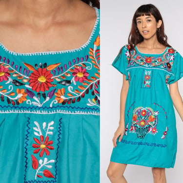 Floral Embroidered Dress Mexican Peasant Puebla Dress Bright Blue Mini, Shop Exile