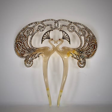Clément Joyard French Art Nouveau Peacocks Rhinestone Celluloid Hair Comb 