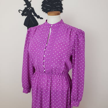 Vintage 1980's Purple Polka Dot Dress / 80s Poly Day Dress L 