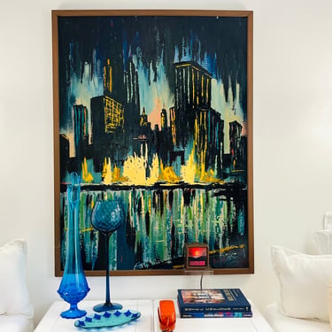 Vintage 1960s MID Century Modern Wall Art Oil Painting Abstract Chicago Metropolitan Skyline Evening Cityscape Emaye Illinois Moulding Co 