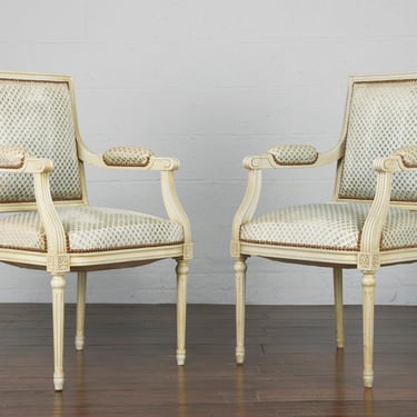 Antique French Louis XVI Square Back Style Painted Armchairs - a Pair 
