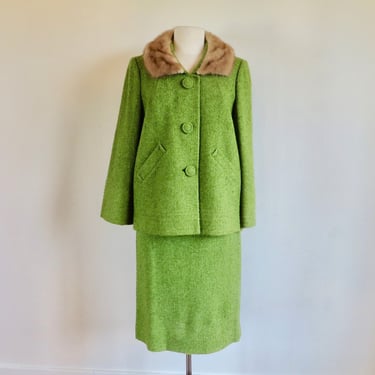 1960's Apple Green Wool Boucle Mink Collar Jacket and Skirt Suit Set Mod 60's Fall Winter Ensemble 28" Waist Suburban Miss Size Small/Medium 