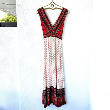 Vintage Indian Boho Crinkle Gauze Dress Hippie Paisley Red White Dress 