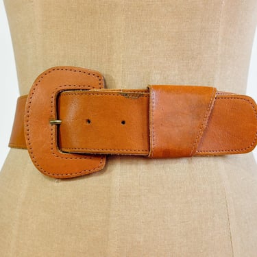 1980s Brown Wide Leather Belt | 80s Tan Genuine Leather Bet | FORENZA | Small 