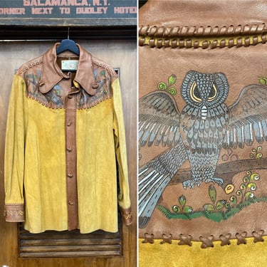 Vintage 1960’s Size XL “Char” Painted Whipstitch Leather and Suede Jacket, 60’s Western Wear, Vintage East West, Vintage Clothing 