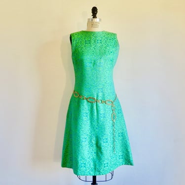 1960's 70's Blue Green Brocade A line Dress Sleeveless Style Belted Mod Twiggy Spring Summer 32