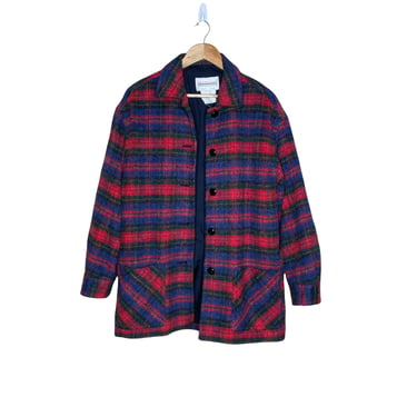 Vintage Red Mohair Wool Blend Plaid Tartan Jacket Chore Coat, Collections Internationale, Size 8 