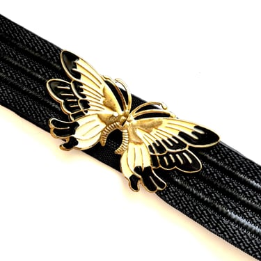Vintage 70s Butterfly Belt 1970s Black Wide Elastic Belt 