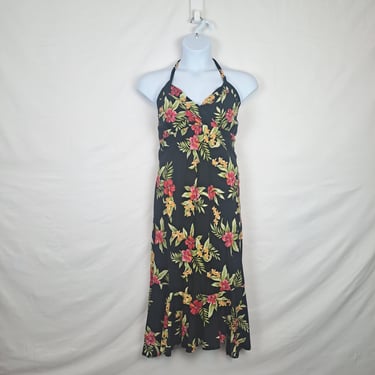 Vintage 2000s Black Tropical Halter Dress 