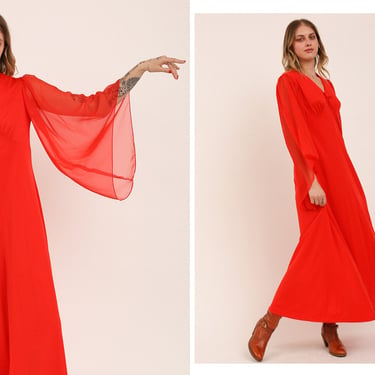 Vintage 1970s 70s Bright Red Full Length Maxi Gown w/ Huge Sheer Angel Sleeves, V Neckline, Pleated Bodice, Disco Mini Ball Detail Plus size 